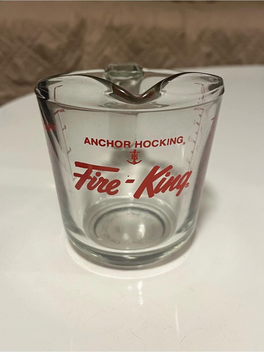 Vintage Anchor Hocking Fire-King Clear Glass Cup with Red Logo